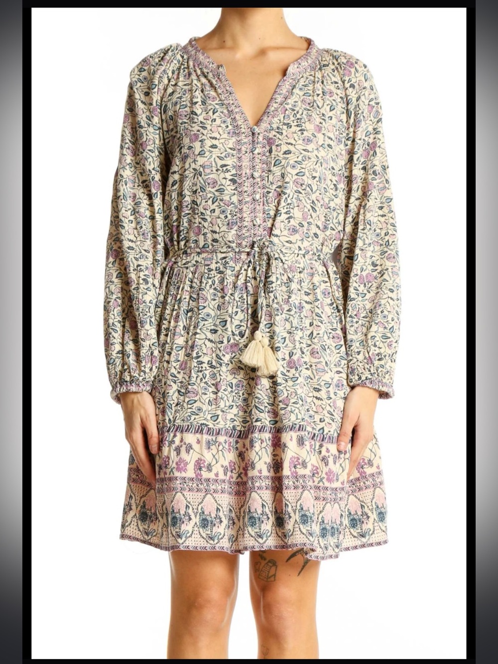 Japna Boho Floral Mini Dress Medium 100% Viscose Tassel Tie Long Sleeve